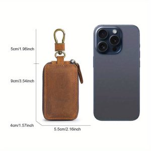 Male And Female Universal Crazy Horse Genuine Leather Car Key Cover Multifunctional Double Zipper Car Key Cover Layer Cowhide Key Genuine Leather Cover Waist Hanging