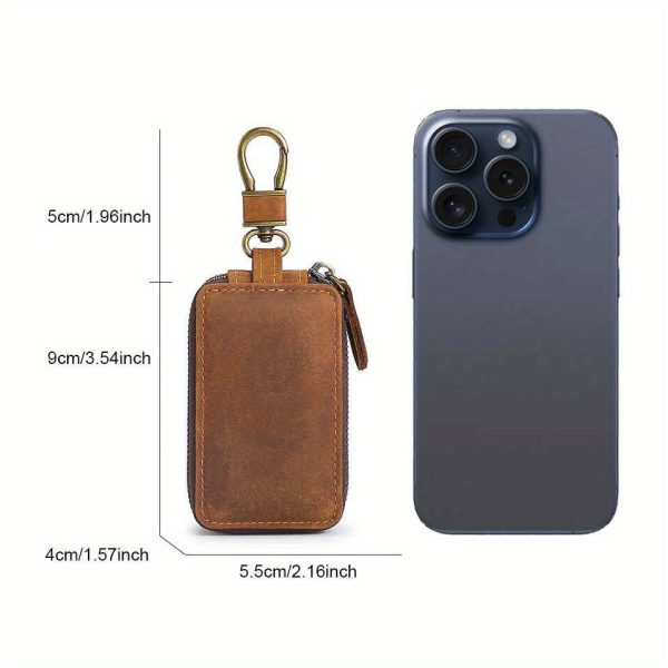 Male And Female Universal Crazy Horse Genuine Leather Car Key Cover Multifunctional Double Zipper Car Key Cover Layer Cowhide Key Genuine Leather Cover Waist Hanging