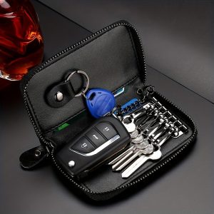 Car Key Case, Genuine Leather Car Key Chain Holder, Key Fob Holder, Auto Key Case Protector with Metal Hook And Keyring Zipper Bag for Remote Key Fob