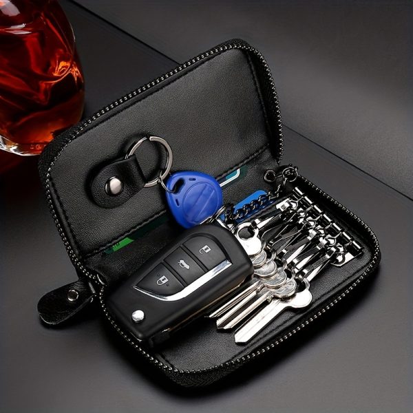 Car Key Case, Genuine Leather Car Key Chain Holder, Key Fob Holder, Auto Key Case Protector with Metal Hook And Keyring Zipper Bag for Remote Key Fob